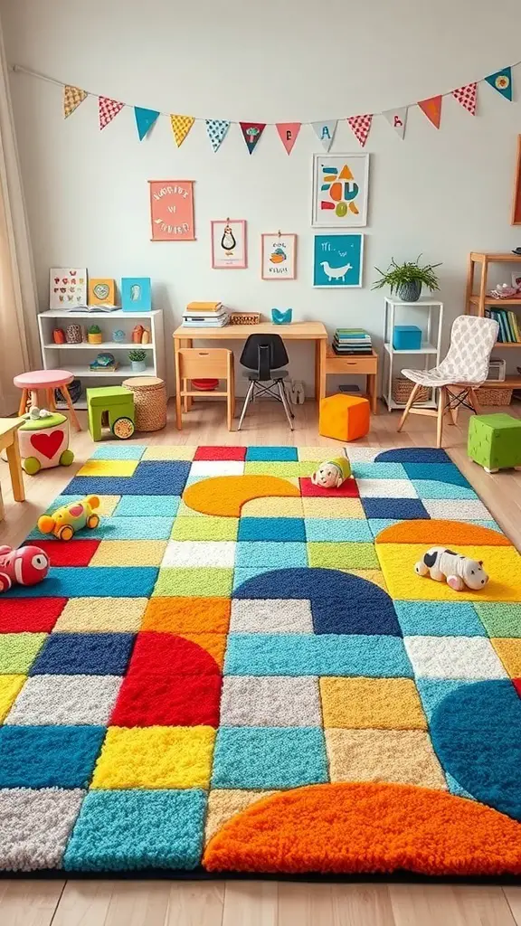 31+ Stunning Tufted Rug Designs You’ll Love 14 A colorful tufted rug in a kids' room with playful patterns and bright colors.