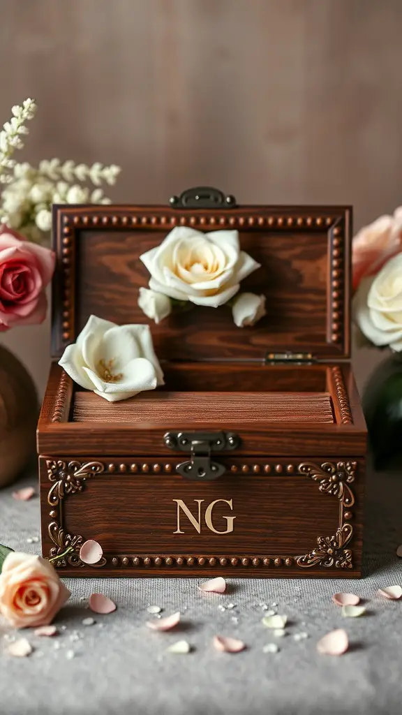 A personalized wooden keepsake box with the initials NG, decorated with white roses and petals.
