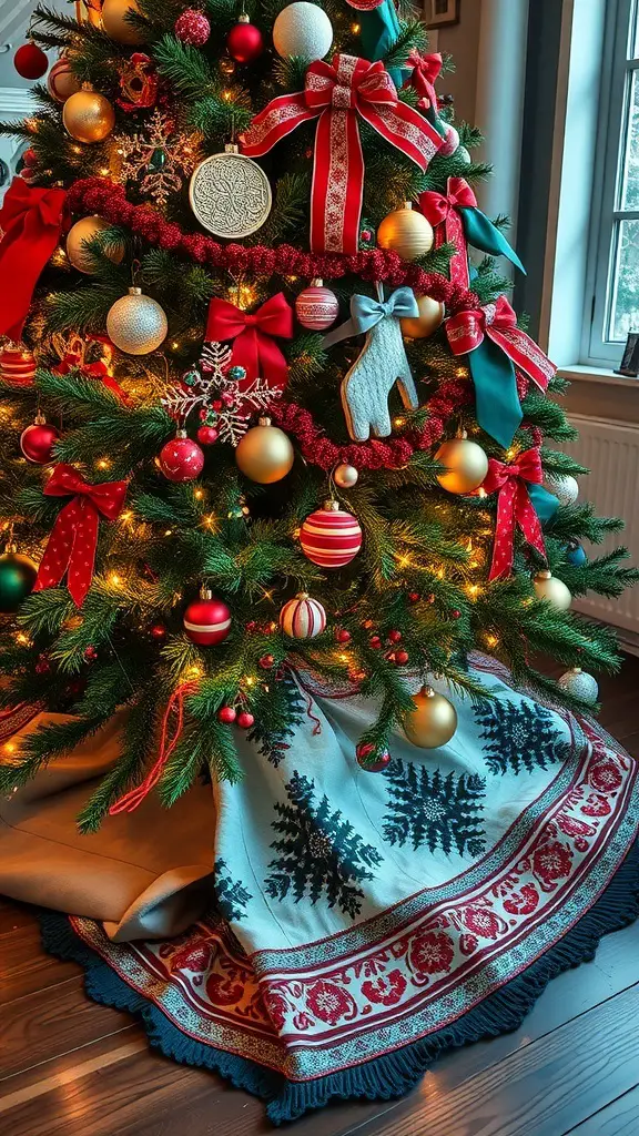 33+ Must-Try Christmas Sewing Patterns for Festive Fun 5 A beautifully decorated Christmas tree with a patterned tree skirt.
