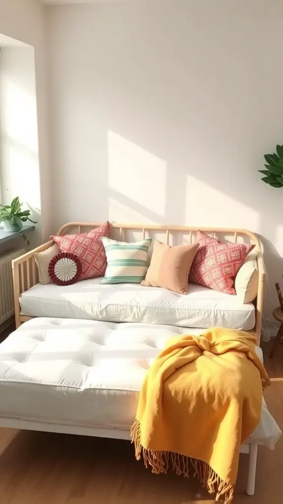 25+ Stylish Bedframe Ideas for Small Rooms 7 A cozy daybed with colorful pillows and a yellow throw blanket in a bright room.