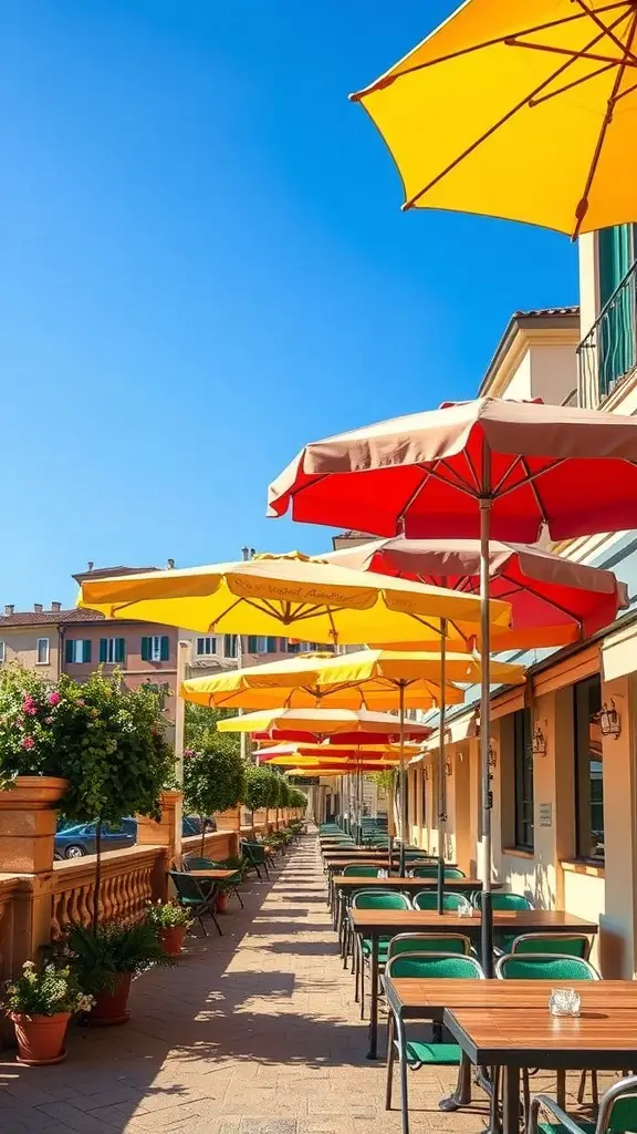 27+ Stunning Italian Terrace Ideas for Your Outdoor Escape 4 A sunny terrace with colorful umbrellas and tables in Italy.