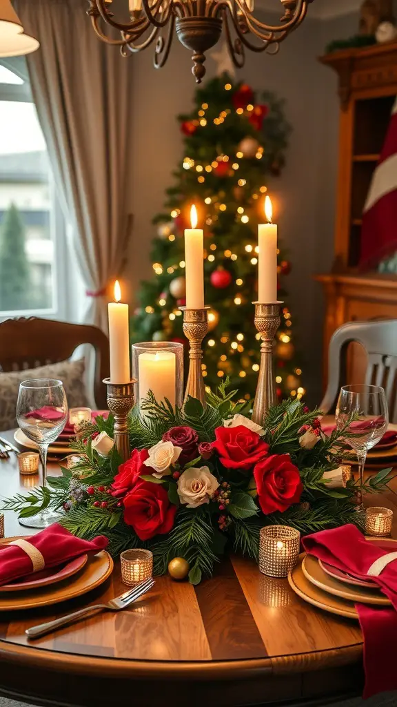 A beautifully arranged Christmas table centerpiece with red roses, candles, and festive decorations.