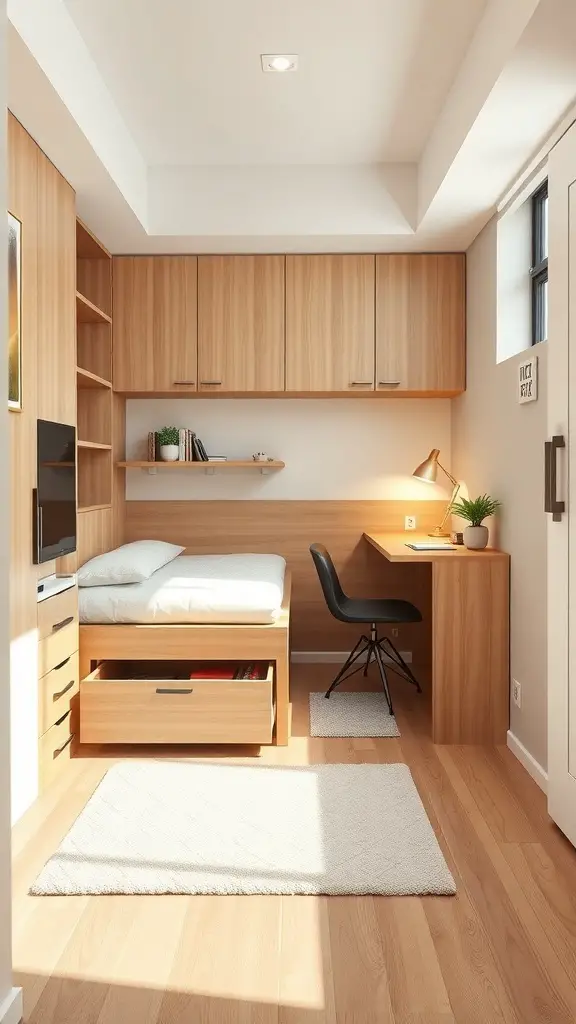 25+ Adorable Small Bedroom Ideas for a Cozy Retreat 4 A small bedroom featuring multifunctional furniture, including a bed with storage drawers, a desk, and shelves.