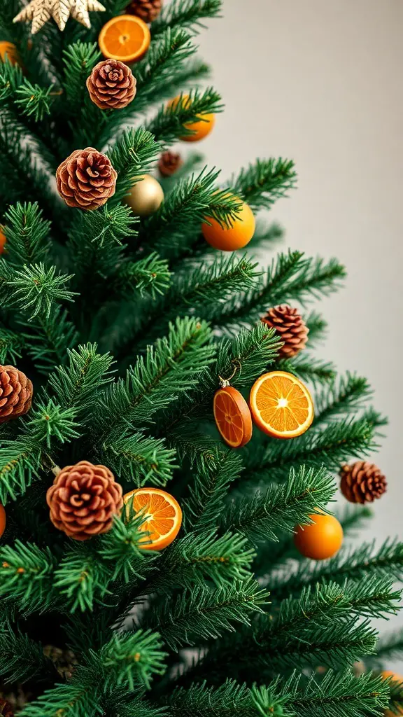 A green velvet Christmas tree decorated with pinecones and dried orange slices.