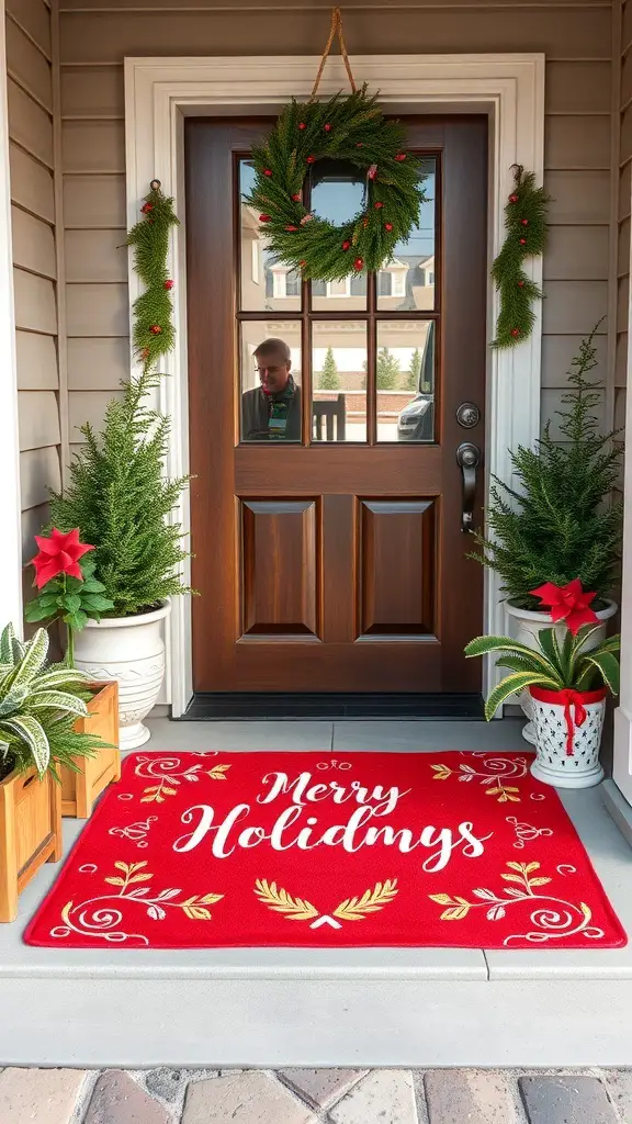 A festive red door mat that says 'Merry Holidmys' in white, surrounded by holiday decorations.