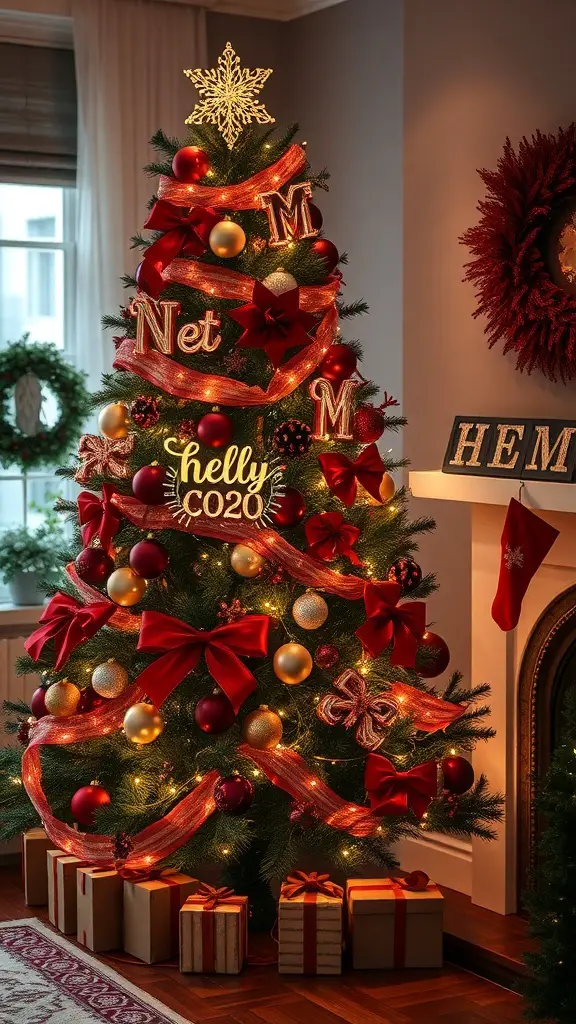 A beautifully decorated Christmas tree featuring copper and burgundy colors, with warm lights and presents underneath.