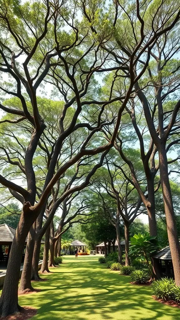 25+ Stunning Bali Garden Design Ideas You’ll Love 9 A row of tall canopy trees creating shade in a garden setting.