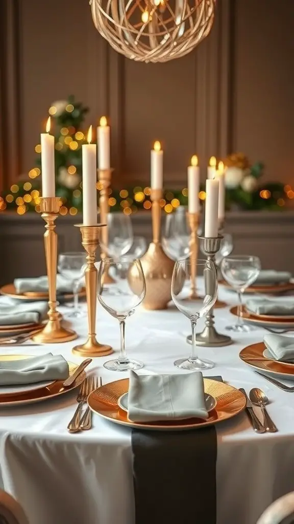 A festive dining table set with metallic candle holders, elegant plates, and soft lighting.