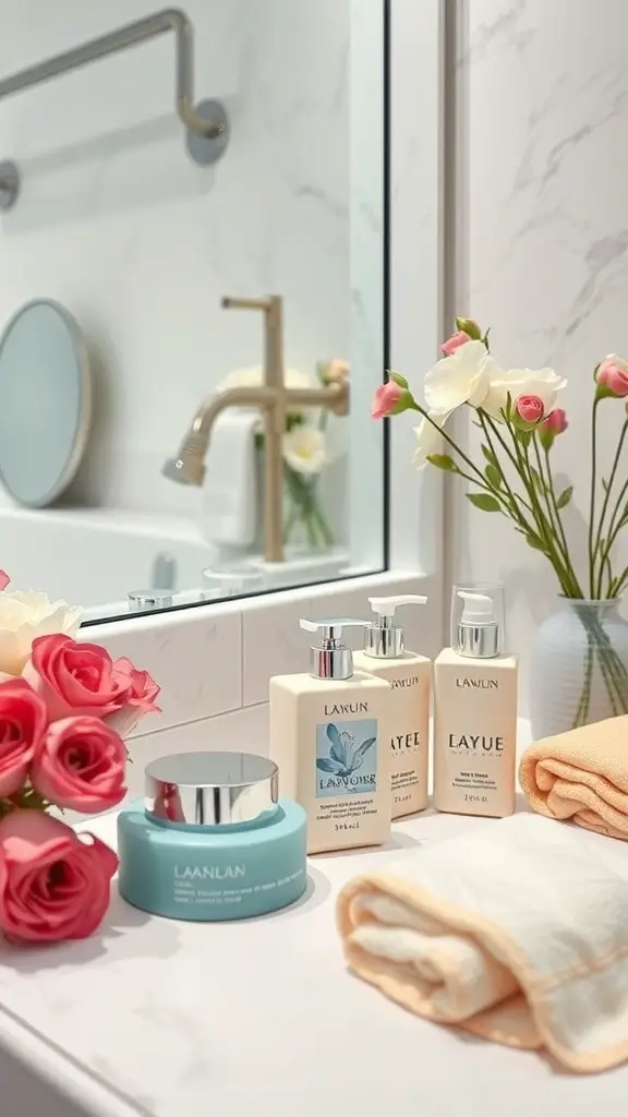 Luxury skincare set displayed on a bathroom counter with flowers and towels