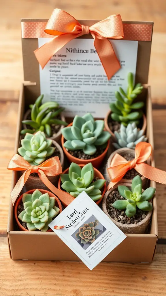 29+ Creative Succulent Pot Ideas You’ll Love 15 A gift box containing various small succulents with a ribbon and care guide.