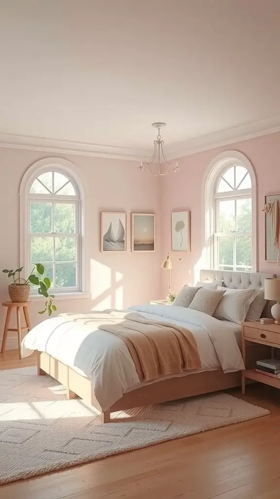27+ Charming Small Master Room Ideas for Cozy Living 9 A small master bedroom featuring light pink walls, large windows, and light-colored furniture.