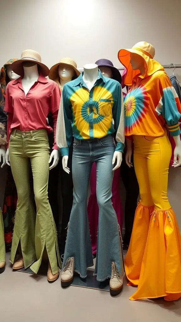 A collection of colorful 70s-inspired costumes featuring flared pants and tie-dye shirts.