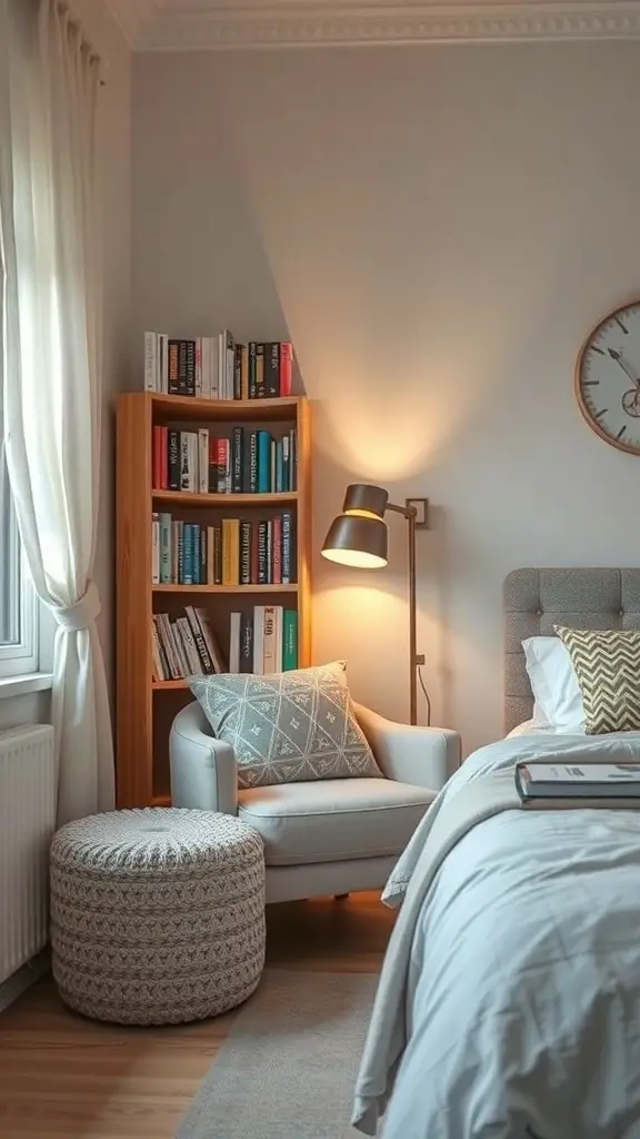 Cozy reading nook in a small bedroom with a chair, lamp, and bookshelf.