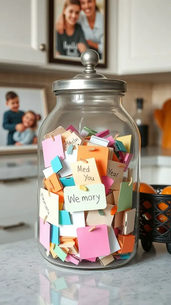 21+ Thoughtful Anniversary Gifts for Parents Celebrating 6 A memory jar filled with colorful notes and memories, sitting on a kitchen counter.