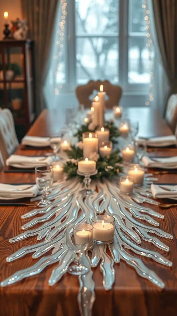 Icicle-inspired table runner with candles and greenery on a wooden dining table