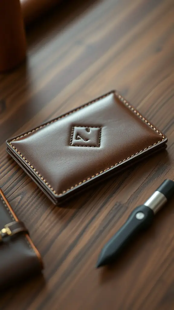 23+ Unique 2 Year Anniversary Gifts for Him 8 A personalized leather wallet on a wooden surface