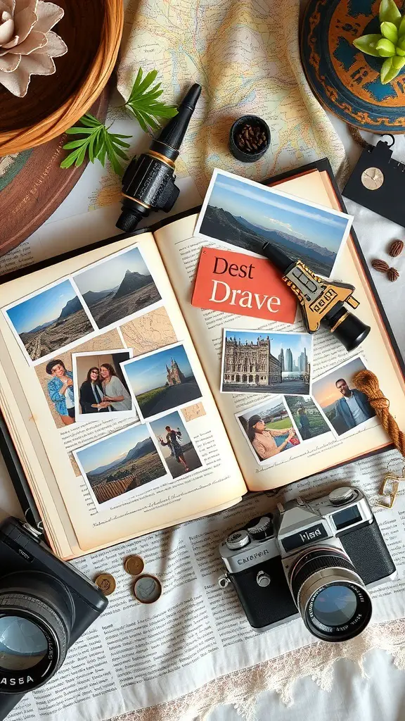 31+ Thoughtful Anniversary Gift Ideas for Every Couple 3 An open scrapbook filled with travel photos, surrounded by cameras and decorative items.