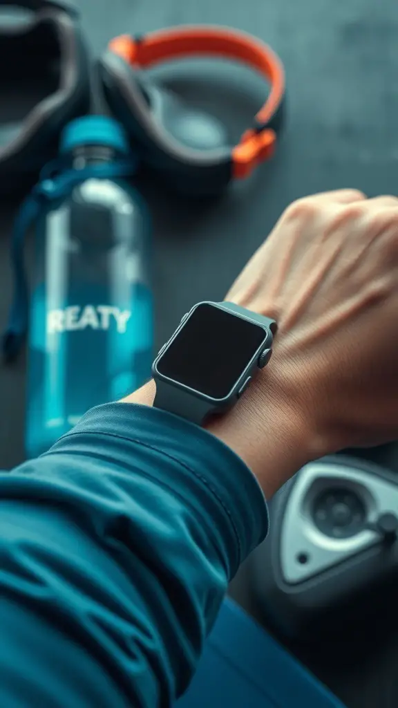 A fitness tracker on a wrist with workout gear in the background
