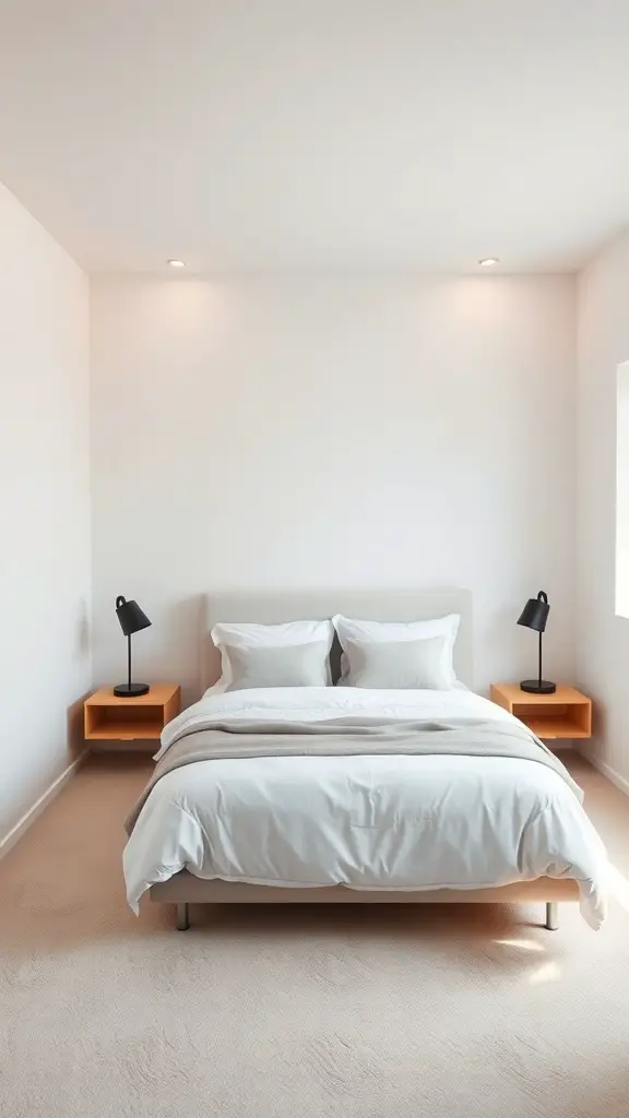 23+ Creative Small Long Bedroom Ideas for Stylish Spaces 14 A small long bedroom featuring a bed with floating nightstands on either side, creating a modern and spacious look.