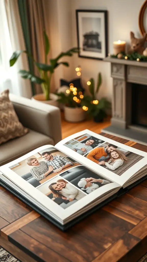 21+ Thoughtful Anniversary Gifts for Parents Celebrating 8 A personalized photo album open on a wooden table, showcasing family photos in a cozy living room setting.