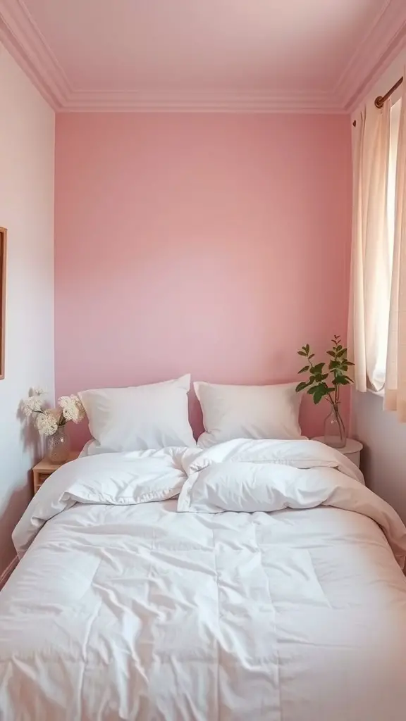 A small bedroom featuring soft green walls, a pink ceiling, and cozy bedding, creating a tranquil atmosphere.