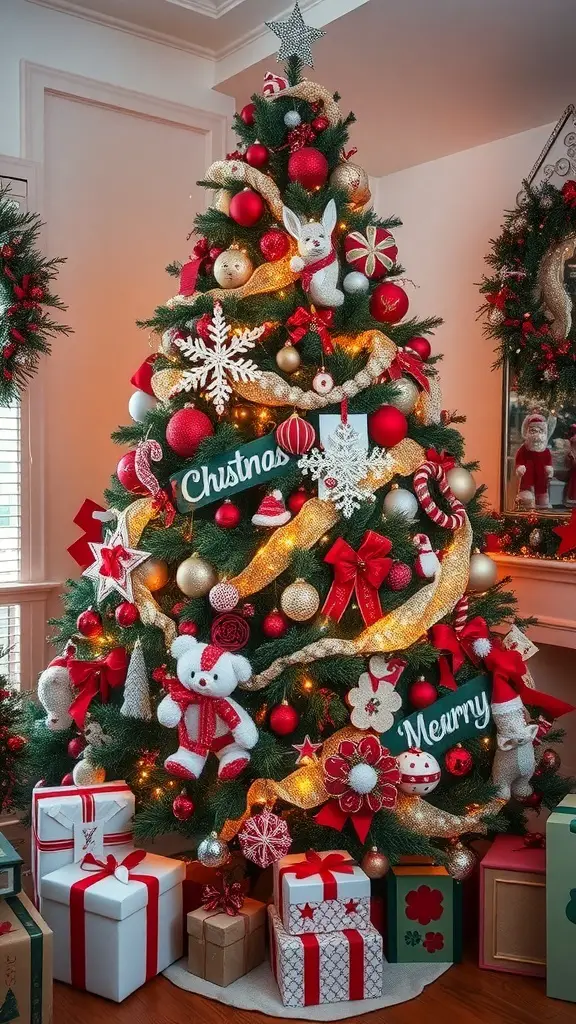 A beautifully decorated Christmas tree with red and gold ornaments, playful decorations, and wrapped presents underneath.