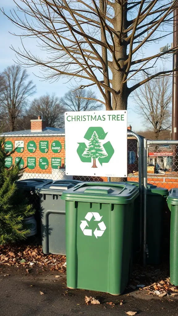 A recycling area for Christmas tree disposal with bins and a sign.