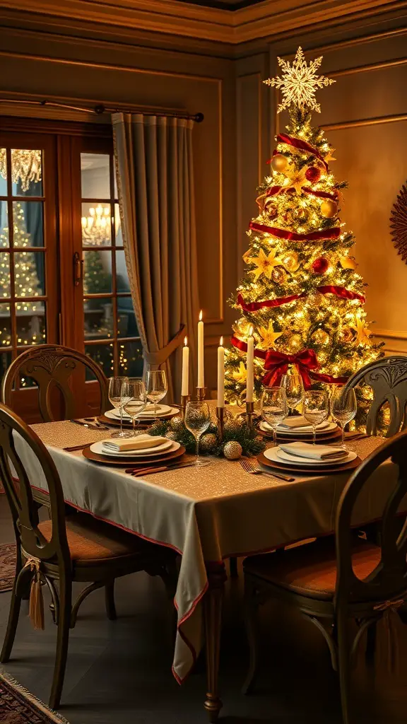 A beautifully set holiday table with gold accents and a decorated Christmas tree in the background.