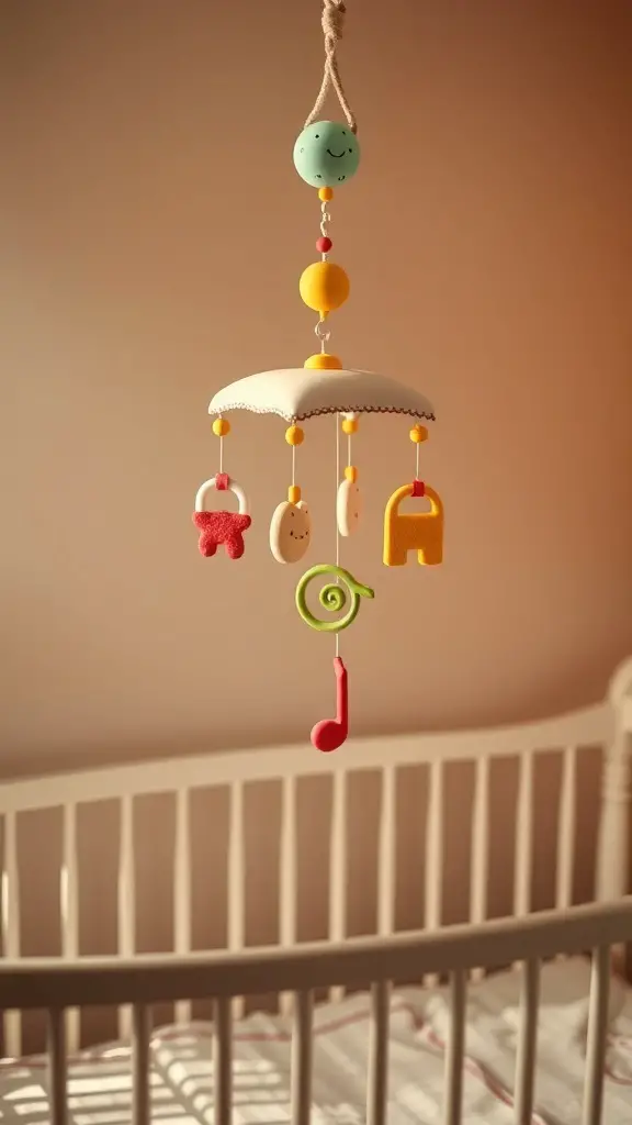 A colorful musical mobile hanging above a crib with playful shapes and a smiling moon.