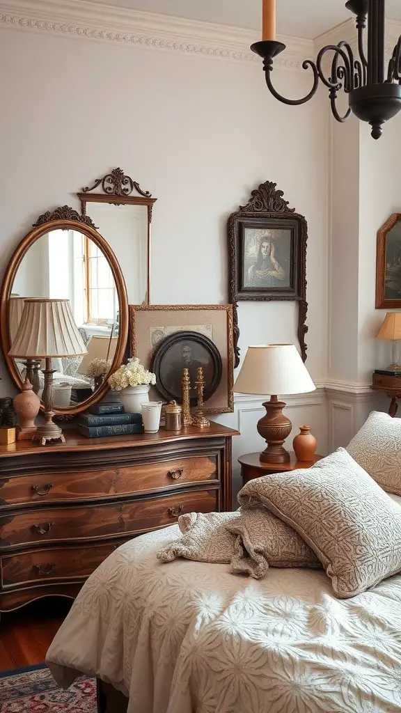 27+ Inspiring Spanish Mediterranean Bedroom Ideas for Your Home 12 A cozy Spanish Mediterranean bedroom featuring vintage accents like ornate mirrors, decorative lamps, and textured pillows.