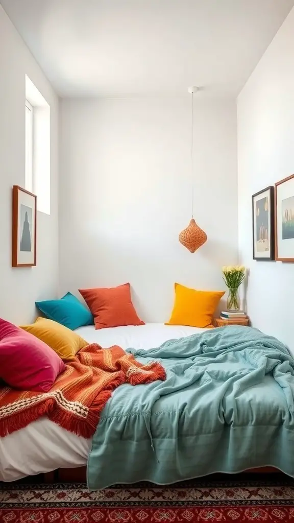 27+ Creative Small Rectangular Bedroom Ideas to Maximize Space 11 A small bedroom featuring colorful pillows, a cozy blanket, and framed artwork.