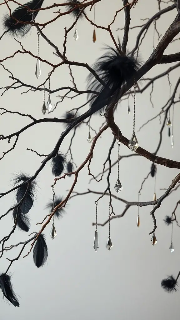 A decorative arrangement of gnarled branches with black feathers and crystals.