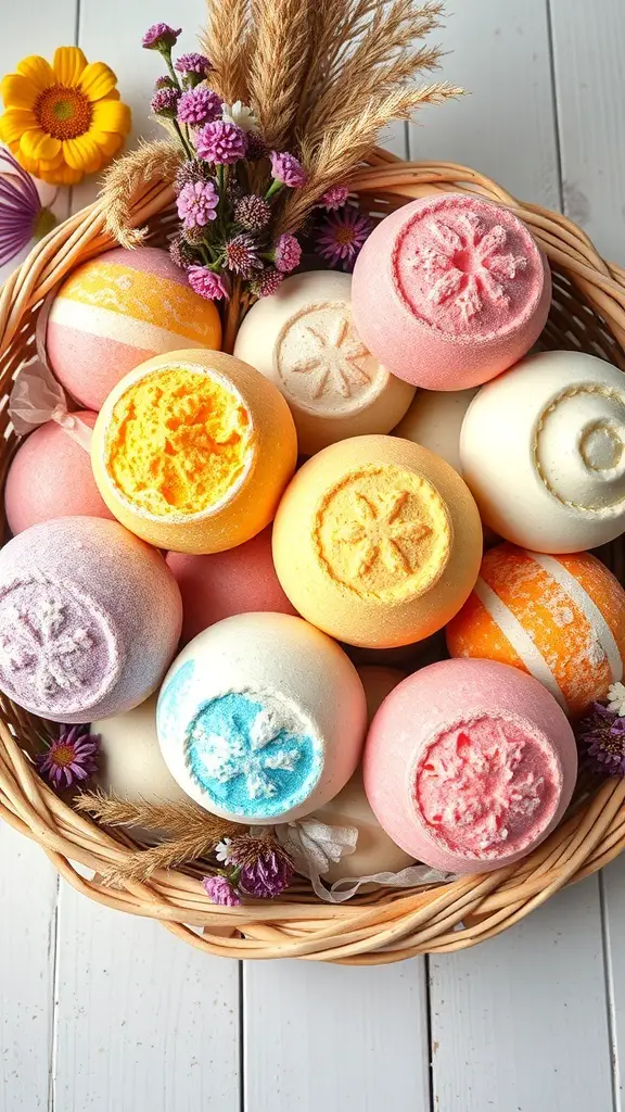 A basket filled with colorful homemade bath bombs surrounded by flowers.