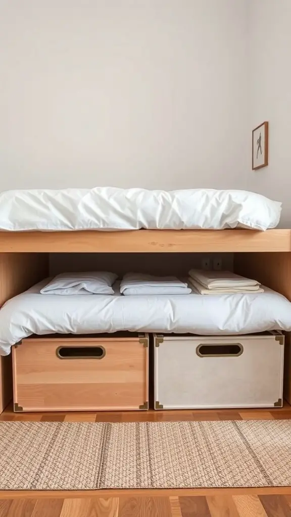 Under-bed storage with wooden boxes and a raised bed