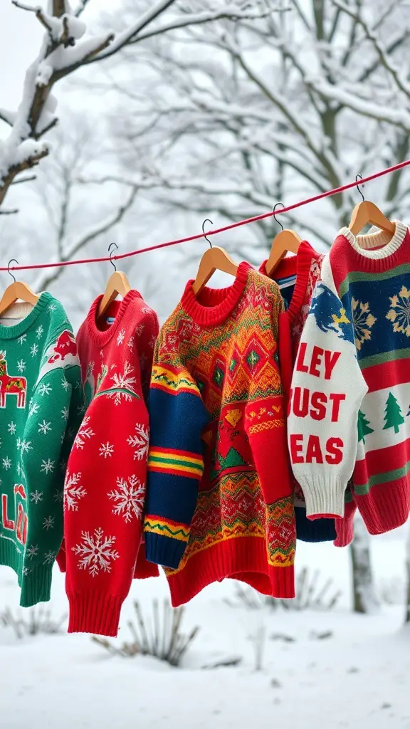 A collection of colorful retro holiday sweaters hanging outside in the snow.
