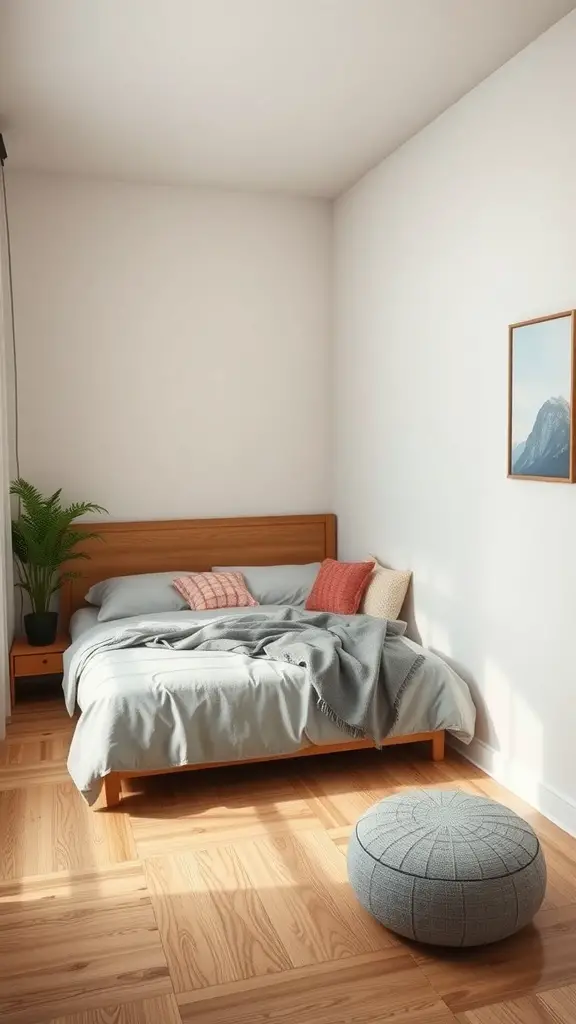 Cozy corner bedroom with a full-size bed, wooden frame, and a plant.