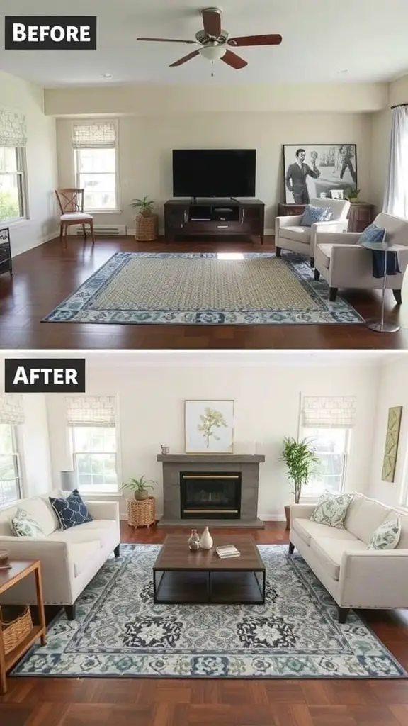 27+ Contemporary Rugs to Elevate Your Living Room Style 14 A living room before and after adding a contemporary rug, showcasing a cozy and inviting space.