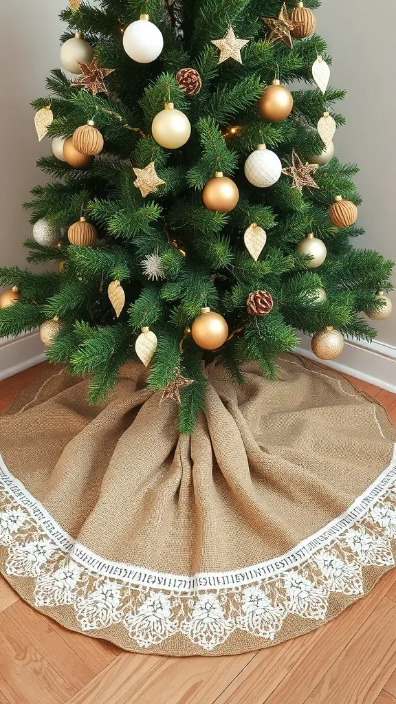A rustic burlap tree skirt with lace trim under a decorated Christmas tree.