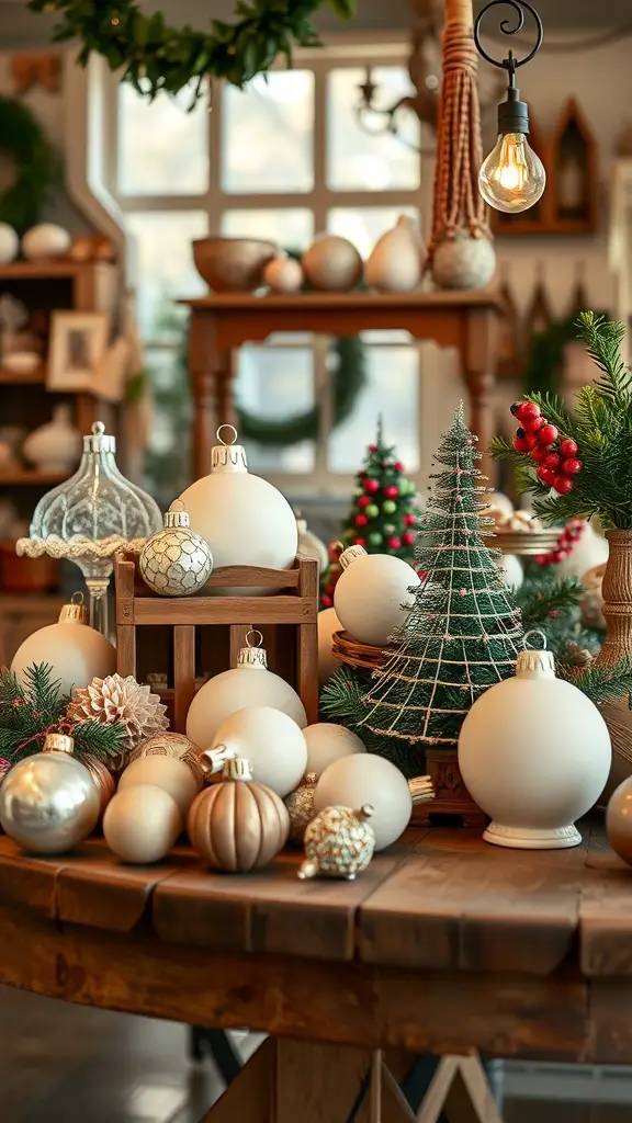 A collection of chic French market ornaments displayed on a wooden table, featuring white baubles, a small decorated tree, and warm lighting.