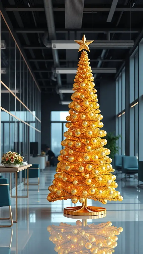 A golden Christmas tree in a modern office setting