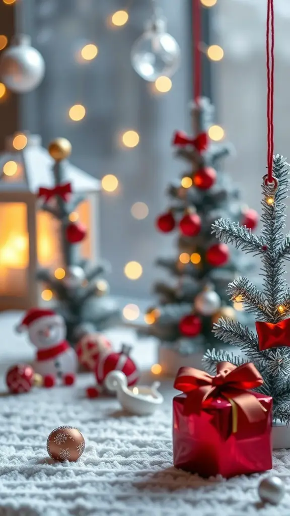 A festive holiday scene with small Christmas trees, ornaments, and a wrapped gift.