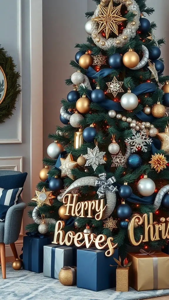A beautifully decorated navy blue Christmas tree with gold and silver ornaments, featuring gifts underneath.