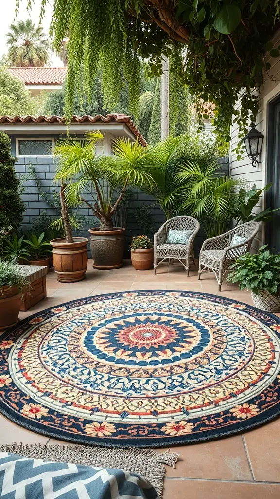25+ Stunning Geometric Rug Designs for Your Home 11 A round rug with intricate mosaic designs in vibrant colors, placed in a cozy outdoor setting surrounded by plants.