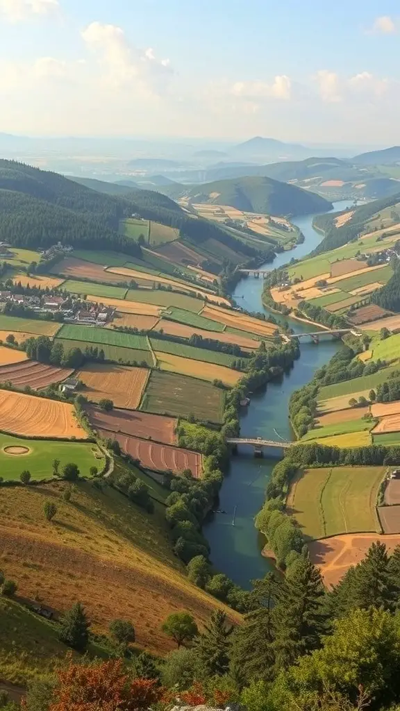 29+ Stunning Landscape Paintings You Need to See 14 A scenic view of rolling hills and a river, showcasing vibrant fields and greenery.