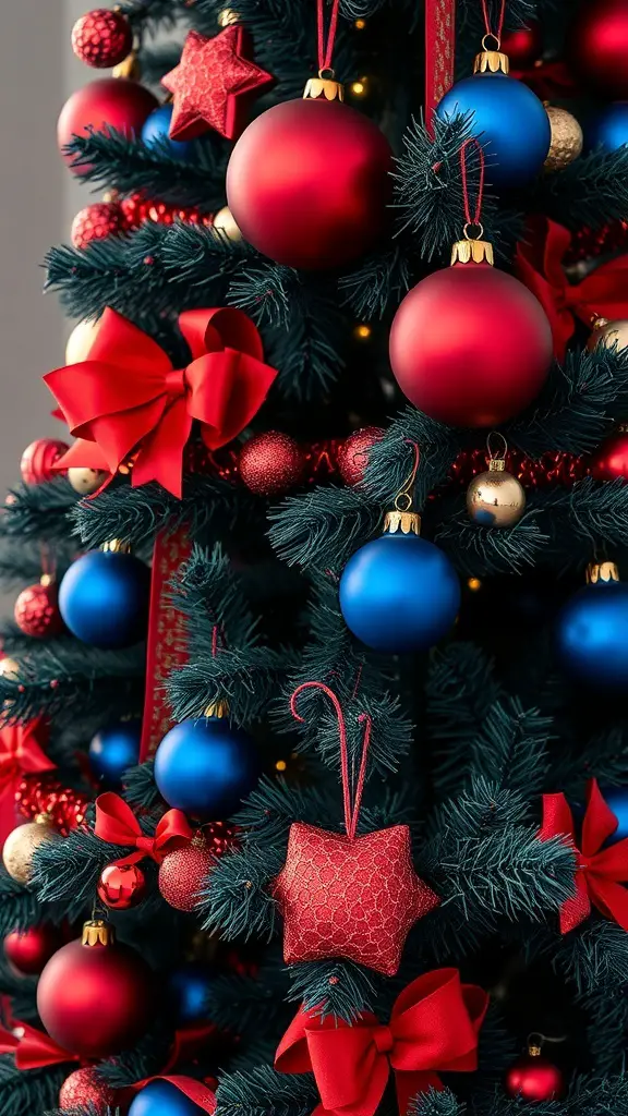 A beautifully decorated Christmas tree featuring navy blue and red ornaments, bows, and star-shaped decorations.