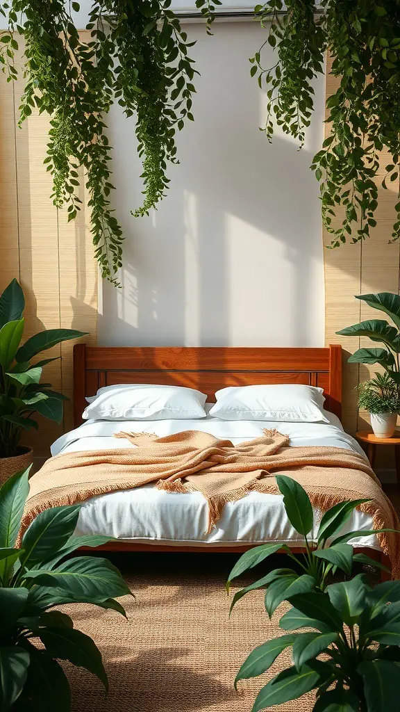 A serene king bed styled with nature-inspired elements, featuring hanging plants and a wooden frame.