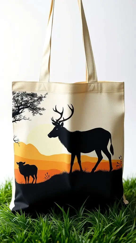 27+ Creative Tote Bag Painting Ideas You’ll Love 3 Tote bag featuring animal silhouettes of a deer and a cow against a sunset background