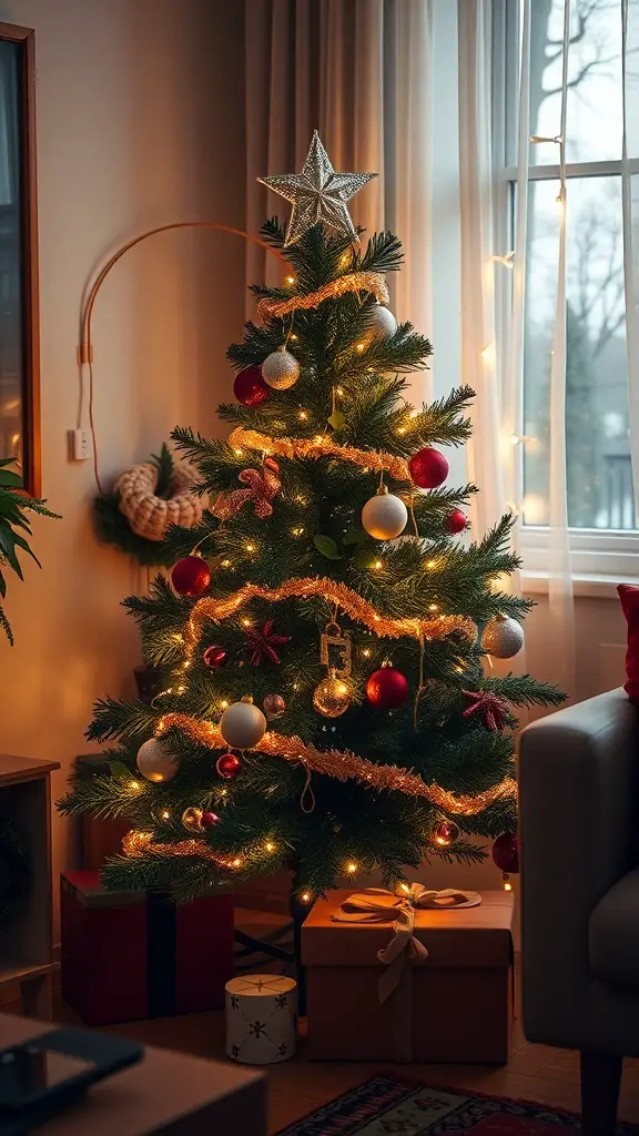 A cozy miniature Christmas tree decorated with ornaments and lights, surrounded by gifts.