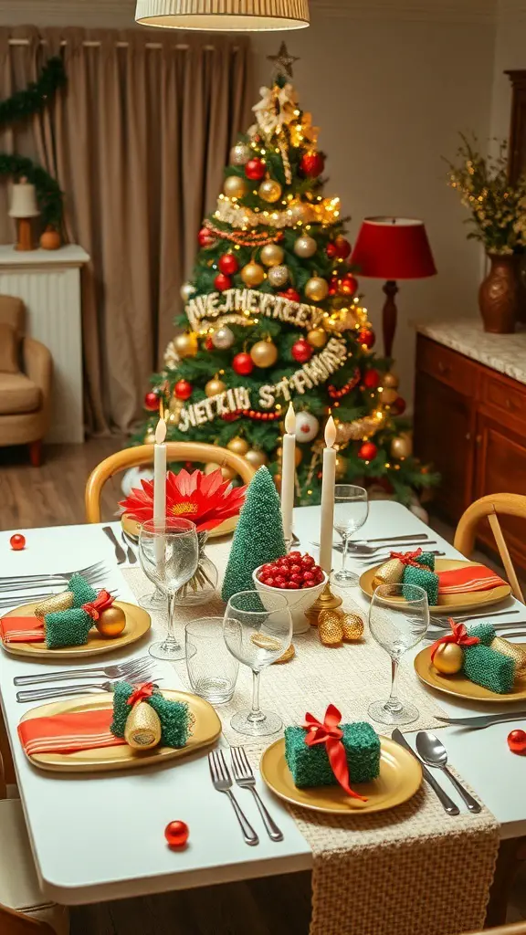 A festive dining table decorated for Christmas with a 70s theme, featuring a Christmas tree in the background.