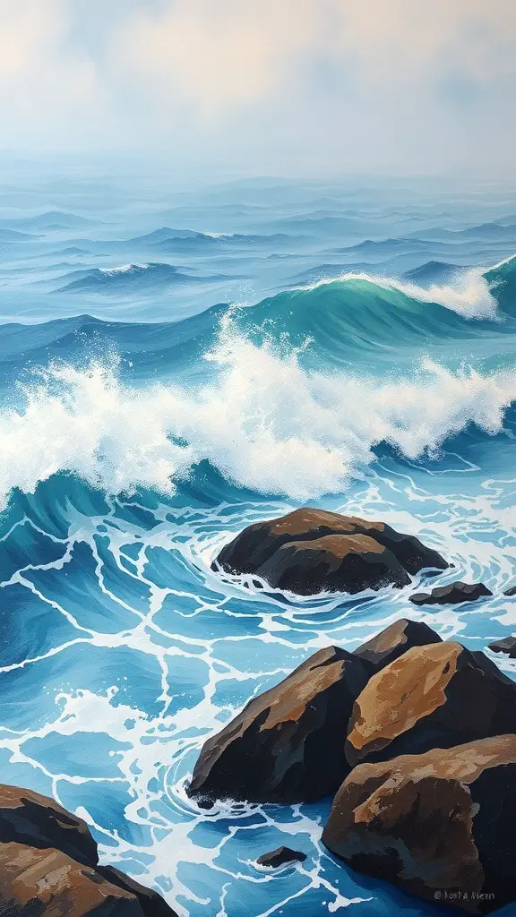 29+ Inspiring Acrylic Painting Ideas to Spark Your Creativity 7 Acrylic painting of dynamic ocean waves crashing against rocks